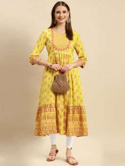 Rangita - Yellow Cotton Printed Calf Length Anarkali Kurta with Leggings (Set of 2)