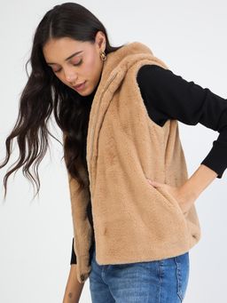 Femmella - Beige Fur Sleeveless Hooded Winter Coat