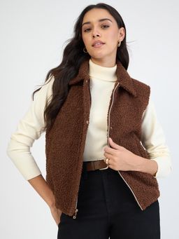 Femmella - Coffee Brown Teddy Gilet Winter Coat