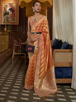 Akhilam - Womens Organza Orange Woven Designer Saree with Unstitched Blouse