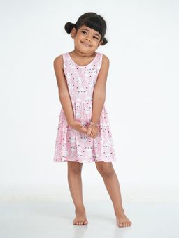 mackly - Girls Cotton Knitted Frock, Peach Cats