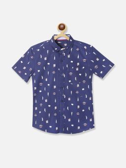 Nautinati - Boys Navy Blue Typography Printed Pure Cotton Casual Shirt