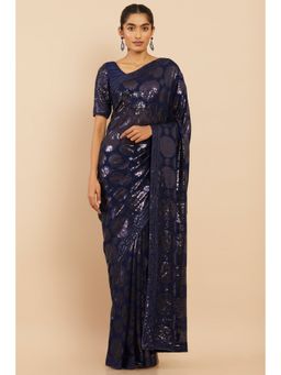 Soch - Women Navy Blue Georgette Embellished & Sequined Saree with Unstitched Blouse