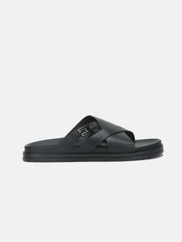Tommy Hilfiger - Men Black Leather Slip On Sandals