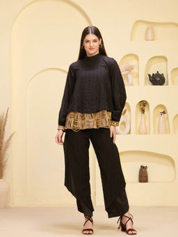 First Resort by Ramola Bachchan - Black & Golden High Neck Top & Layered Pant (Set of 2)