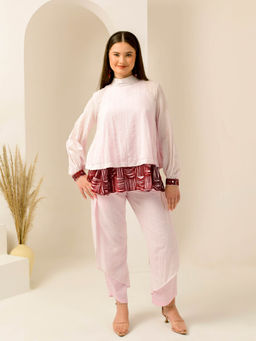 First Resort by Ramola Bachchan - Pink & Red High Neck Top & Layered Pant (Set of 2)