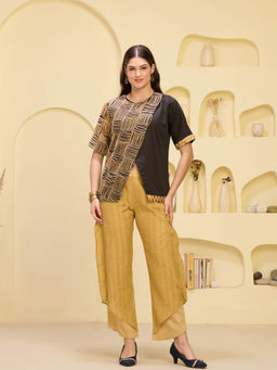 First Resort by Ramola Bachchan - Black & Golden Overlap Top & Layered Pant (Set of 2)