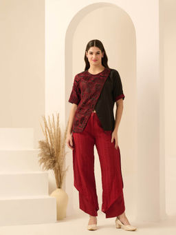 First Resort by Ramola Bachchan - Black & Red Overlap Top & Layered Pant (Set of 2)