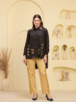 First Resort by Ramola Bachchan - Black & Golden Embroidered Shirt & Pant (Set of 2)