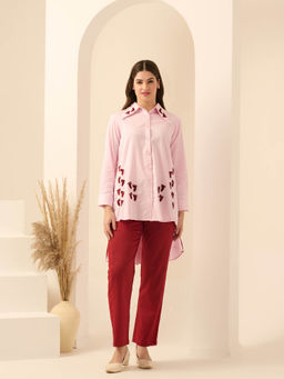 First Resort by Ramola Bachchan - Pink & Red Embroidered Shirt & Pant (Set of 2)