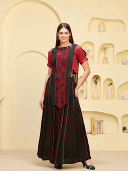 First Resort by Ramola Bachchan - Black & Red Printed Top & Pleated Skirt (Set of 2)
