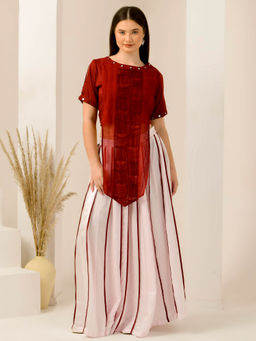 First Resort by Ramola Bachchan - Pink & Red Printed Top & Pleated Skirt (Set of 2)