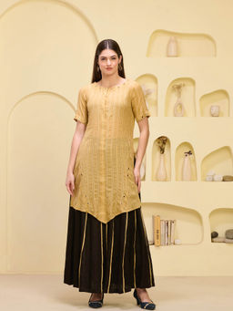 First Resort by Ramola Bachchan - Golden & Black Mirror Kurta & Pleated Palazzo (Set of 2)