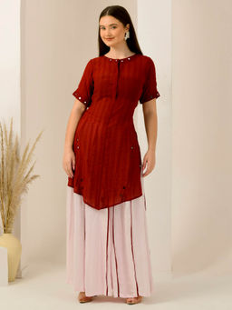 First Resort by Ramola Bachchan - Pink & Red Mirror Kurta & Pleated Palazzo (Set of 2)