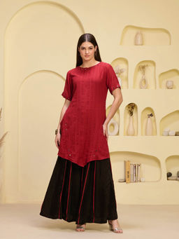 First Resort by Ramola Bachchan - Red & Black Mirror Kurta & Pleated Palazzo (Set of 2)