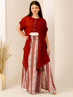 First Resort by Ramola Bachchan - Pink & Red Cover-Up with Crop Top & Skirt (Set of 3)