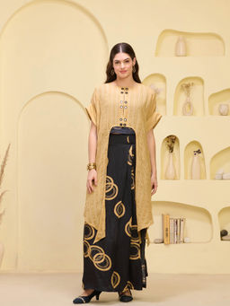 First Resort by Ramola Bachchan - Black & Golden Overlay & Crop Top with Skirt (Set of 3)