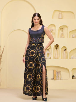 First Resort by Ramola Bachchan - Black & Golden Printed Crop Top & Maa Print Skirt (Set of 2)