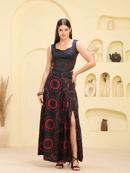 First Resort by Ramola Bachchan - Black & Red Printed Crop Top & Maa Print Skirt (Set of 2)