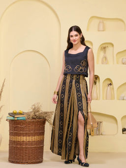 First Resort by Ramola Bachchan - Black & Golden Stripe Print Top & Skirt (Set of 2)