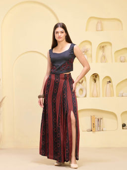 First Resort by Ramola Bachchan - Black & Red Stripe Print Top & Skirt (Set of 2)