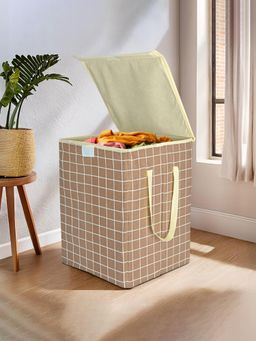 Kuber Industries - 75 LTR Foldable Laundry Bag for Clothes with Lid Checked Print Brown