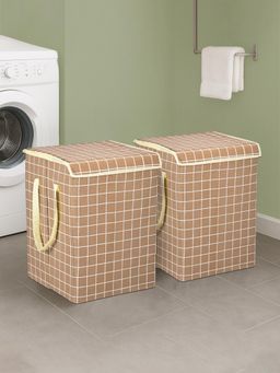 Kuber Industries - 75 LTR Foldable Laundry Bag for Clothes with Lid Checked Brown (Pack of 2)