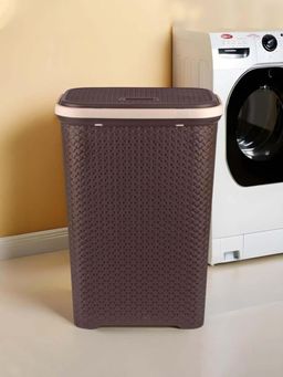 Kuber Industries - Plastic Laundry Basket with Lid for Bathroom Elegance Brown