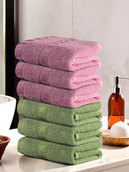 Kuber Industries - Check Border Hand/Face Towels For Unisex Green & Pink (Pack of 6)