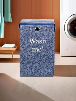 Kuber Industries - 75 LTR Foldable Laundry Basket for Clothes with Lid Flower -Navy Blue