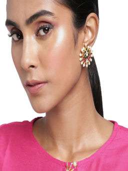 Accessher - Gold Plated Jadau Kundan Ruby And Emrald Embellished Stud Earrings For Women And Girls