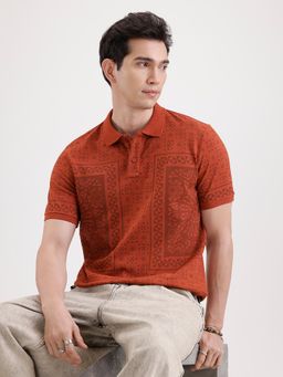 WROGN - Slim Fit Pannel Printed Polo T-Shirt Rust
