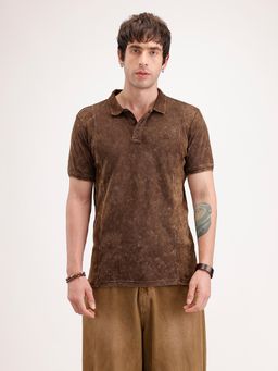 WROGN - Slim Fit Washed Cut and Sew Polo T-Shirt Brown