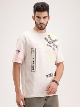 WROGN - Oversized Placement Printed T-Shirt Beige