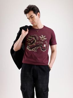 WROGN - Casual Foil Printed T-Shirt Maroon