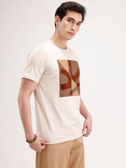 WROGN - Slim Fit Flock Printed T-Shirt Beige