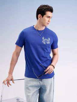 WROGN - Slim Fit Placement Printed T-Shirt Blue