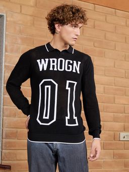 WROGN - Flat Knit Full Sleeve Polo T-Shirt Black