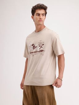 WROGN - Oversized Placement Printed T-Shirt Beige
