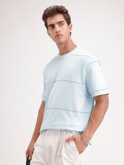 WROGN - Oversized Stripes Printed T-Shirt Light Blue