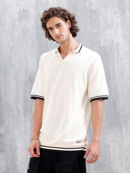 WROGN - Oversized Polo T-Shirt with Contrast Trim Details Beige