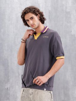 WROGN - Oversized Johnny Collar Polo T-Shirt with Contrast Collar Dark Grey