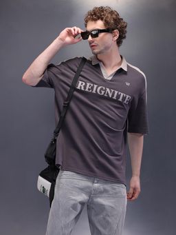 WROGN - Retro Look Jhonny Collar Polo with Hd Print Charcoal