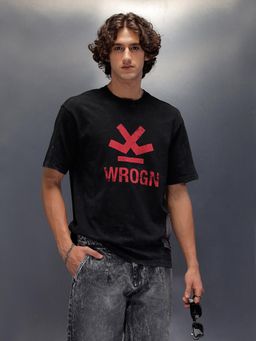 WROGN - Acid Wash Crew Neck T-Shirt with Chest Logo and Patch Graphic Black