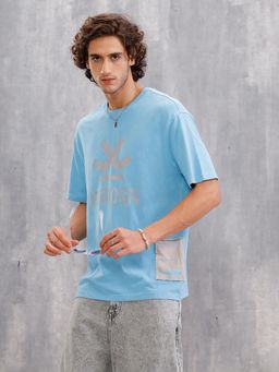 WROGN - Acid Wash Oversized Fit T-Shirt with Patch Blue