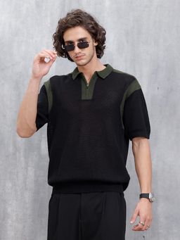 WROGN - Casual Men Oversized Fit Flat Knit Polo T-Shirt with Zipper Black