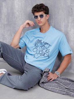 WROGN - Casual Men Oversized Fit T-Shirt with Cord Detailing Blue