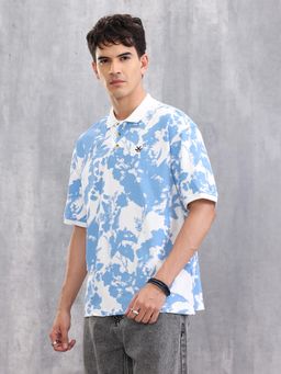 WROGN - Abstract Floral Printed Polo T-Shirt Blue and White