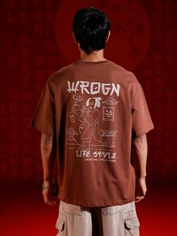 WROGN - Men’S Oversized Chest Print T-Shirt Brown