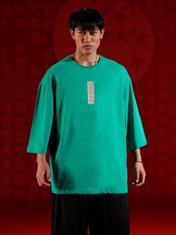 WROGN - Oversize 3/4 Sleeve T-Shirt With Vertical Label Print Detail Green